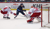 Francis Pare (no.91) of KHL Medvescak (M) infront of the goalie Riku Helenius (no.31) of Jokerit Helsinki (R), while Topi Jaakola (no.6) of Jokerit Helsinki (L) trying to hinder him during ice hockey match of KHL, Kontinental Hockey League, between KHL Medvescak Zagreb and Jokerit Helsinki. KHL ice hokey match between KHL Medvescak Zagreb, Croatia, and Jokerit Helsinki, Finland, was played in Dom Sportova Arena in Zagreb, Croatia, on Thursday, 17th of November 2016.
