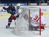 Edwin Hedberg (no.19) of KHL Medvescak, Jesper B. Jensen (no.44) of Jokerit Helsinki and Goalie Riku Helenius (no.31) of Jokerit Helsinki during ice hockey match of KHL, Kontinental Hockey League, between KHL Medvescak Zagreb and Jokerit Helsinki. KHL ice hokey match between KHL Medvescak Zagreb, Croatia, and Jokerit Helsinki, Finland, was played in Dom Sportova Arena in Zagreb, Croatia, on Thursday, 17th of November 2016.

