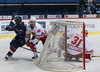 Edwin Hedberg (no.19) of KHL Medvescak, Jesper B. Jensen (no.44) of Jokerit Helsinki and Goalie Riku Helenius (no.31) of Jokerit Helsinki during ice hockey match of KHL, Kontinental Hockey League, between KHL Medvescak Zagreb and Jokerit Helsinki. KHL ice hokey match between KHL Medvescak Zagreb, Croatia, and Jokerit Helsinki, Finland, was played in Dom Sportova Arena in Zagreb, Croatia, on Thursday, 17th of November 2016.
