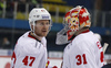 Ville Lajunen (no.47) of Jokerit Helsinki and Goalie Riku Helenius (no.31) of Jokerit Helsinki during ice hockey match of KHL, Kontinental Hockey League, between KHL Medvescak Zagreb and Jokerit Helsinki. KHL ice hokey match between KHL Medvescak Zagreb, Croatia, and Jokerit Helsinki, Finland, was played in Dom Sportova Arena in Zagreb, Croatia, on Thursday, 17th of November 2016.
