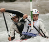 Gauthier Klauss and Matthieu Peche of France during International ICF slalom Tacen 2010 white water kayaking race. International ICF slalom Tacen 2010 white water kayak race was held on Saturday, 15th of May 2010 in Tacen, Slovenia.
