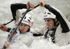 Gauthier Klauss and Matthieu Peche of France during International ICF slalom Tacen 2010 white water kayaking race. International ICF slalom Tacen 2010 white water kayak race was held on Saturday, 15th of May 2010 in Tacen, Slovenia.

