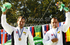 Winners Pavol Hochschorner and Peter Hochschorner of Slovakia celebrate their medals won in men C-2 race of ICF Canoe Slalom World Championships 2010, which was held in Tacen, Slovenia, on Saturday, 11th of September 2010.
