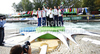 Winners Pavol Hochschorner and Peter Hochschorner of Slovakia (M), second placed Denis Gargaud Chanut and Fabien Lefevre of France (L) and third placed David Florence and Richard Hounsow of Great Britain (R) celebrate their medals won in men C-2 race of ICF Canoe Slalom World Championships 2010, which was held in Tacen, Slovenia, on Saturday, 11th of September 2010.

