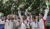 Winning team of France with Denis Gargaud Chanut, Fabien Lefevre, Matthieu Peche, Gauthier Klauss, Hugo Biso and Pierre Picco celebrate their medals won in final run of men team C-2 race of ICF Canoe Slalom World Championships 2010, which was held in Tacen, Slovenia, on Saturday, 11th of September 2010.
