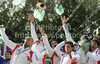 Winning team of France with Denis Gargaud Chanut, Fabien Lefevre, Matthieu Peche, Gauthier Klauss, Hugo Biso and Pierre Picco celebrate their medals won in final run of men team C-2 race of ICF Canoe Slalom World Championships 2010, which was held in Tacen, Slovenia, on Saturday, 11th of September 2010.
