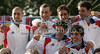 Winning team of France with Denis Gargaud Chanut, Fabien Lefevre, Matthieu Peche, Gauthier Klauss, Hugo Biso and Pierre Picco celebrate their medals won in final run of men team C-2 race of ICF Canoe Slalom World Championships 2010, which was held in Tacen, Slovenia, on Saturday, 11th of September 2010.
