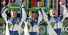 Third placed team of Slovenia with Eva Tercelj, Nina Mozetic and Ursa Kragelj celebrate their medals won in final run of women team K1 race of ICF Canoe Slalom World Championships 2010, which was held in Tacen, Slovenia, on Saturday, 11th of September 2010.
