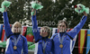 Winning team of Czech with Stepanka Hilgertova, Irena Pavelkova and Marie Rihoskova celebrate their medals won in final run of women team K1 race of ICF Canoe Slalom World Championships 2010, which was held in Tacen, Slovenia, on Saturday, 11th of September 2010.
