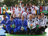 Winning team of France (M), second placed team of Czech (L) and third placed team of Germany (R) celebrate their medals won in final run of men team C-2 race of ICF Canoe Slalom World Championships 2010, which was held in Tacen, Slovenia, on Saturday, 11th of September 2010.
