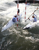 Second placed team of France with Pierre Bourliaud, Boris Neveu and Fabien Lefevre during final run of men K-1 team race of ICF Canoe Slalom World Championships 2010, which was held in Tacen, Slovenia, on Sunday, 12th of September 2010.
