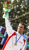 Winner Tony Estanguet of France celebrates his medal won in men C-1 race of ICF Canoe Slalom World Championships 2010, which was held in Tacen, Slovenia, on Sunday, 12th of September 2010.
