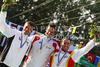 Winner Tony Estanguet of France (M), second placed Michal Martikan of Slovakia (L) and third placed Jordi Domenjo of Spain (R) celebrate their medals won in men C-1 race of ICF Canoe Slalom World Championships 2010, which was held in Tacen, Slovenia, on Sunday, 12th of September 2010.
