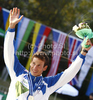 Third placed Jure Meglic of Slovenia celebrates his medal won in men K-1 race of ICF Canoe Slalom World Championships 2010, which was held in Tacen, Slovenia, on Sunday, 12th of September 2010.
