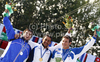 Winner Daniele Molmenti of Italy (M), second placed Vavrinec Hradilek of Czech (L) and third placed Jure Meglic of Slovenia (R) celebrate their medals won in men K-1 race of ICF Canoe Slalom World Championships 2010, which was held in Tacen, Slovenia, on Sunday, 12th of September 2010.
