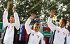 Winning team of Slovakia with Michal Martikan, Alexander Slafkovsky and Matej Benus celebrate their medals won in men C-1 team race of ICF Canoe Slalom World Championships 2010, which was held in Tacen, Slovenia, on Sunday, 12th of September 2010.
