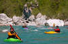Kayakers are paddling down the stream of Soca river near Kobarid, Slovenia, on sunny Friday morning of 22nd of April 2011.
