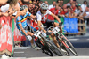 Christoph Sauser of Switzerland, right, crashes with Roel Paulissen of Belgium at the finish sprint of the 2008 UCI Mountain Bike Marathon World Championships at Villabassa, Italy, Saturday, July 5, 2008.
