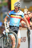 Roel Paulissen of Belgium carries his broken bike after crashing with Christoph Sauser of Switzerland at the finish sprint of the 2008 UCI Mountain Bike Marathon World Championships at Villabassa, Italy, Saturday, July 5, 2008. Paulissen won ahead of Sauser.
