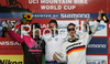 Winner Rafael Alvarez De Lara Lucas of Spain (M), second placed Guido Tschugg of Germany (L) and third placed Johannes Fischbach of Germany (R) celebrating their medals won in 4x MTB World Cup finals in Maribor, Slovenia. First race of UCI Nissan Mountain Bike World Cup 2008 was held in Maribor, Slovenia, on 10th of May 2008.
