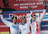 Winner Samuel Hill of Australia (M), second placed Julien Camellini of France (L) and third placed Steve Peat of Great Britain (R) celebrating their medals won in men final run of first Downhill MTB World Cup  2008. First men race of UCI Nissan Mountain Bike World Cup 2008 was held in Maribor, Slovenia, on 11th of May 2008.
