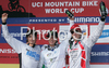 Winner Samuel Hill of Australia (M), second placed Julien Camellini of France (L) and third placed Steve Peat of Great Britain (R) celebrating their medals won in men final run of first Downhill MTB World Cup  2008. First men race of UCI Nissan Mountain Bike World Cup 2008 was held in Maribor, Slovenia, on 11th of May 2008.
