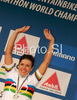Winner Sabine Spitz of Germany celebrate her medal won in women UCI Mountain bike Marathon World Championships race in Graz - Stattegg, Austria. 84km long race was held in Graz - Stattegg, Austria, on 23rd of August 2009.
