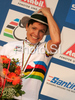 Winner Sabine Spitz of Germany celebrate her medal won in women UCI Mountain bike Marathon World Championships race in Graz - Stattegg, Austria. 84km long race was held in Graz - Stattegg, Austria, on 23rd of August 2009.
