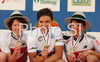 Winner Sabine Spitz of Germany (M), second placed Esther Suss of Switzerland (L) and third placed Petra Henzi of Switzerland (R) celebrate their medals won in women UCI Mountain bike Marathon World Championships race in Graz - Stattegg, Austria. 84km long race was held in Graz - Stattegg, Austria, on 23rd of August 2009.
