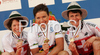 Winner Sabine Spitz of Germany (M), second placed Esther Suss of Switzerland (L) and third placed Petra Henzi of Switzerland (R) celebrate their medals won in women UCI Mountain bike Marathon World Championships race in Graz - Stattegg, Austria. 84km long race was held in Graz - Stattegg, Austria, on 23rd of August 2009.
