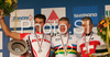 Winner Roel Paulissen of Belgium (M), second placed Alban Lakata of Austria (L) and third placed Christoph Sauser of Switzerland (R) celebrate their medals won in UCI Mountain bike Marathon World Championships race in Graz - Stattegg, Austria. 104km long men race was held in Graz - Stattegg, Austria, on 23rd of August 2009.

