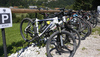 Bikes in finish of the Loka MTB marathon 2015. Loka MTB marathon took place on Saturday, 12th of September 2015 in hills above village Zminec near Skofja Loka, Slovenia.
