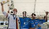 Winner Fanny Lombard of France (M), second placed Leoni Dickerhoff of Germany (L), and third placed Alia Marcellini of Italy (R) celebrate their medals won in Women Junior Mountain Bike Downhill European Championships in Kranjska Gora, Slovenia. MTB Downhill European Championships was held on Sunday, 14th of June 2009 in Kranjska Gora, Slovenia.
