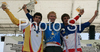 Winner Bernard Kerr of Great Britain (M), second placed Iago Garay Tamayo of Spain (L), and third placed Ivan Oziol of France (R) celebrate their medals won in Junior Men Mountain Bike Downhill European Championships in Kranjska Gora, Slovenia. MTB Downhill European Championships was held on Sunday, 14th of June 2009 in Kranjska Gora, Slovenia.

