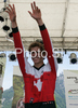 Winner Nick Beer of Switzerland celebrate his medal won in Mountain Bike Downhill European Championships in Kranjska Gora, Slovenia. MTB Downhill European Championships was held on Sunday, 14th of June 2009 in Kranjska Gora, Slovenia.
