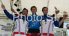Winner Nick Beer of Switzerland (M), second placed Aurelien Giordanengo of France (L) and third placed Remi Thirion of France (R) celebrate their medals won in Mountain Bike Downhill European Championships in Kranjska Gora, Slovenia. MTB Downhill European Championships was held on Sunday, 14th of June 2009 in Kranjska Gora, Slovenia.
