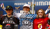 Winner Rachel Atherton of Great Britain (M), second placed Sabrina Jonnier of France (L) and third placed Floriane Pugin of France (R) celebrate their medals won in women Mountain Bike UCI World cup downhill race. Downhill race of Mountain Bike UCI World cup was held on Sunday, 16th of May 2010 in Maribor, Slovenia.
