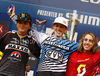 Winner Rachel Atherton of Great Britain (M), second placed Sabrina Jonnier of France (L) and third placed Floriane Pugin of France (R) celebrate their medals won in women Mountain Bike UCI World cup downhill race. Downhill race of Mountain Bike UCI World cup was held on Sunday, 16th of May 2010 in Maribor, Slovenia.

