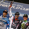 Winner Greg Minnaar of South Africa (M), second placed Gee Atherton of Great Britain (L) and third placed Brendan Fairclough of Great Britain (R) celebrate their medals won in men Mountain Bike UCI World cup downhill race. Downhill race of Mountain Bike UCI World cup was held on Sunday, 16th of May 2010 in Maribor, Slovenia.
