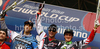 Winner Greg Minnaar of South Africa (M), second placed Gee Atherton of Great Britain (L) and third placed Brendan Fairclough of Great Britain (R) celebrate their medals won in men Mountain Bike UCI World cup downhill race. Downhill race of Mountain Bike UCI World cup was held on Sunday, 16th of May 2010 in Maribor, Slovenia.
