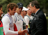 Winners of double scull race, Iztok Cop and Luka Spik of Slovenia celebrating their victory after double scull race of 53rd International Bled rowing regata. Bled rowing regata was held in Bled, Slovenia on 14th of June 2008.
