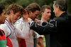 Winners of double scull race, Iztok Cop and Luka Spik of Slovenia celebrating their victory after double scull race of 53rd International Bled rowing regata. Bled rowing regata was held in Bled, Slovenia on 14th of June 2008.
