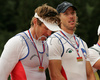 Winners of double scull race, Iztok Cop and Luka Spik of Slovenia celebrating their victory after double scull race of 53rd International Bled rowing regata. Bled rowing regata was held in Bled, Slovenia on 14th of June 2008.
