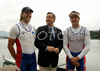 Winners of double scull race, Iztok Cop (R) and Luka Spik of Slovenia (L) getting congratulations from Slovenian president, Mr. Danilo Turk (M) after their victory in double scull race of 53rd International Bled rowing regata. Bled rowing regata was held in Bled, Slovenia on 14th of June 2008.
