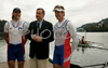 Winners of double scull race, Iztok Cop (R) and Luka Spik of Slovenia (L) getting congratulations from Slovenian president, Mr. Danilo Turk (M) after their victory in double scull race of 53rd International Bled rowing regata. Bled rowing regata was held in Bled, Slovenia on 14th of June 2008.
