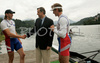Winners of double scull race, Iztok Cop (R) and Luka Spik of Slovenia (L) getting congratulations from Slovenian president, Mr. Danilo Turk (M) after their victory in double scull race of 53rd International Bled rowing regata. Bled rowing regata was held in Bled, Slovenia on 14th of June 2008.

