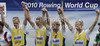 Winners Christian Pedersen, Jens Vilhelmsen, Kasper Winther and Morten Joergensen of Denmark celebrating their medals after finals of FISA Rowing World cup in Bled, Slovenia. Final races of FISA Rowing World cup were held on Sunday, 30th of May 2010 in lake Bled in Bled, Slovenia.
