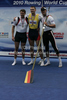 Winner Ondrej Synek of Czech (M), second placed Alan Campbell of Great Britain (L) and third placed Marcel Hacker of Germany (R) celebrating their medals after finals of FISA Rowing World cup in Bled, Slovenia. Final races of FISA Rowing World cup were held on Sunday, 30th of May 2010 in lake Bled in Bled, Slovenia.
