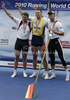 Winner Ondrej Synek of Czech (M), second placed Alan Campbell of Great Britain (L) and third placed Marcel Hacker of Germany (R) celebrating their medals after finals of FISA Rowing World cup in Bled, Slovenia. Final races of FISA Rowing World cup were held on Sunday, 30th of May 2010 in lake Bled in Bled, Slovenia.

