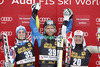 Winner Steven Nyman of USA (middle), second placed Rok Perko of Slovenia (left) and third placed Erik Guay of Canada (right) celebrate their medals won in the Men Downhill race of Audi FIS alpine skiing World Cup in Val Gardena, Italy. Downhill race of Men Audi FIS Alpine skiing World Cup 2012-2013, was held on Saturday, 15th of December 2012, on Saslong course in Val Gardena, Italy.
